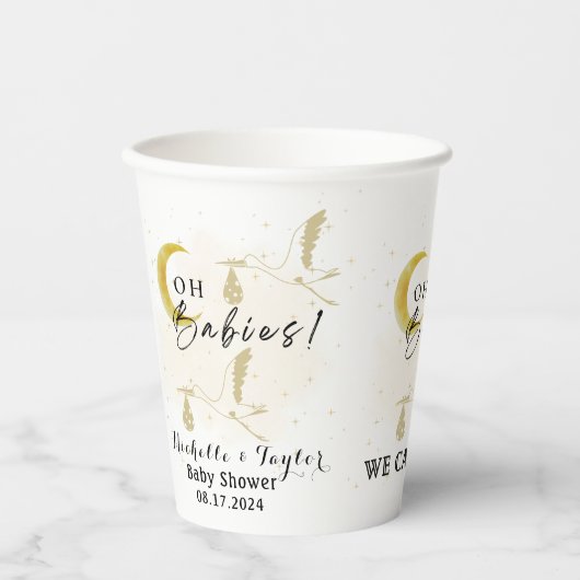 Oh Babys! Neutral Twin Storks Baby Shower Pappbecher (Vorderseite)