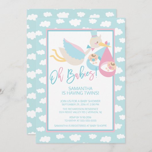 Oh Babys! Stork twin Baby Shower Einladung (Vorne/Hinten)