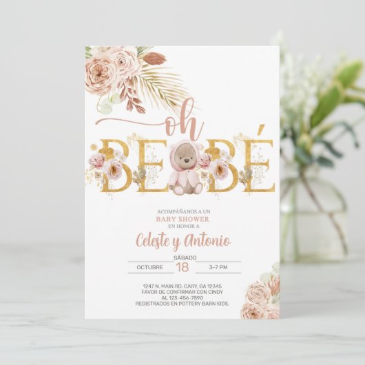 Oh bebé boho Bären Mädchen Dusche einladen Spanisc Einladung (Stehend Vorderseite)