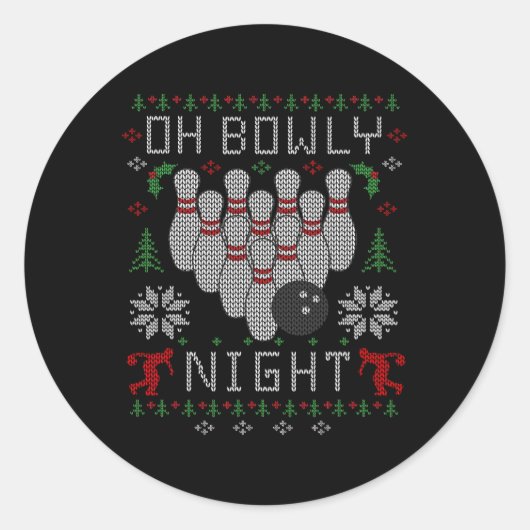 Oh Bowly Night Bowling Ugly Christmas Sweater Teil Runder Aufkleber (Vorderseite)