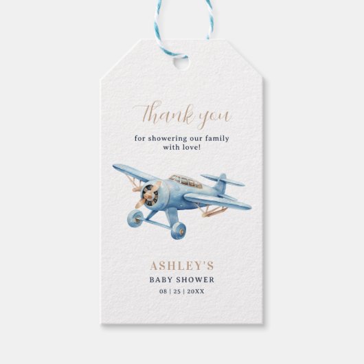 Oh Boy! Adventure Awaits Airplane Boy Baby Shower Geschenkanhänger (Vorderseite)