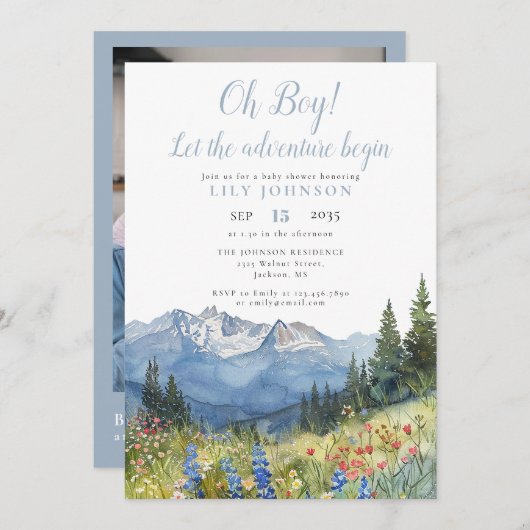 Oh Boy Adventure Begin Photo QR Code Baby Shower Einladung (Vorne/Hinten)