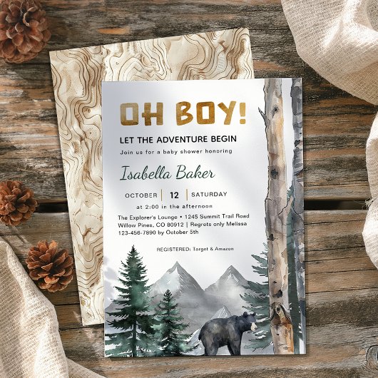 Oh Boy Adventure Begin | Woodland Bear Baby Dusche Einladung