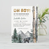 Oh Boy Adventure Begin | Woodland Bear Baby Dusche Einladung (Stehend Vorderseite)