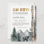 Oh Boy Adventure Begin | Woodland Bear Baby Dusche Einladung (Vorderseite)