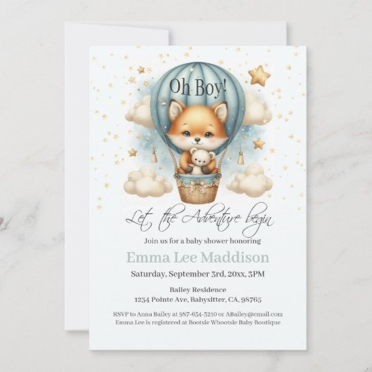 Oh Boy Adventure beginnt Fox in Hot Air Ballon Einladung (Vorderseite)