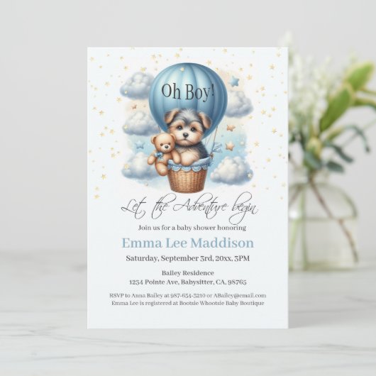 Oh Boy Adventure fängt Welpe in Hot Air Ballon an Einladung (Stehend Vorderseite)