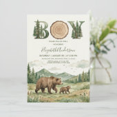 Oh Boy Adventure Woodland Bear Baby Shower Einladung (Stehend Vorderseite)