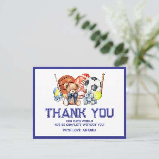 Oh Boy ALL STAR SPORT Baby Shower Dankeskarte (Stehend Vorderseite)