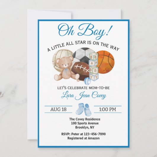 Oh Boy All Star Sport Baby Shower Einladung (Vorderseite)
