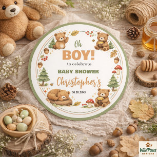 Oh Boy Aquarell Wald Bär Baby Shower Runder Aufkleber