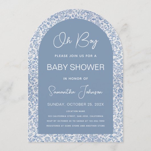 Oh Boy Arch Blue Floral Muster Script Baby Dusche Einladung (Vorderseite)