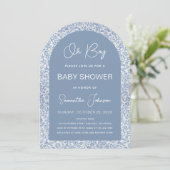 Oh Boy Arch Blue Floral Muster Script Baby Dusche Einladung (Stehend Vorderseite)