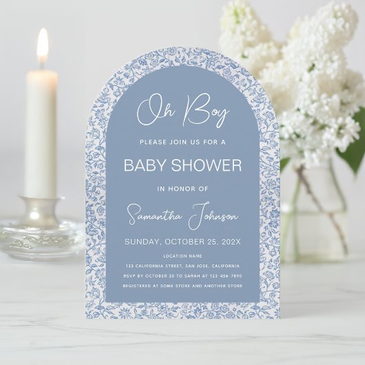 Oh Boy Arch Blue Floral Muster Script Baby Dusche Einladung