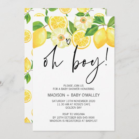 Oh Boy Baby Dusche Party Summer Lemon Einladung (Vorne/Hinten)