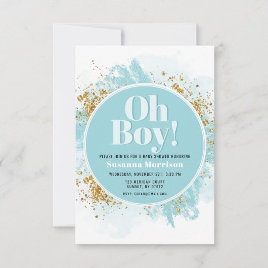 Oh, Boy Baby Dusche Wasserfarbe Glitzer Einladung (Vorderseite)