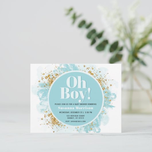 Oh Boy Baby Dusche Wasserfarbe Glitzer Einladung P Postkarte (Stehend Vorderseite)