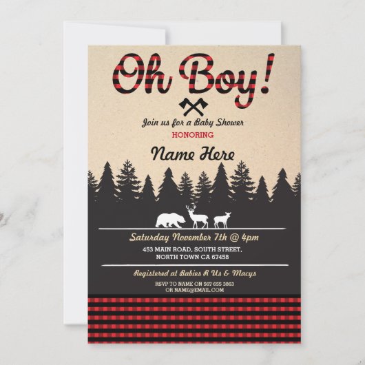 Oh Boy Baby Lumberjack Baby Dusche Red Invite Einladung (Vorderseite)