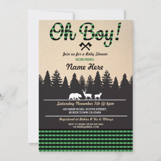 Oh Boy Baby Lumberjack Baby Showdusche Green Einla Einladung (Vorderseite)