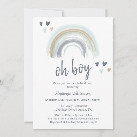 Oh Boy Baby Shower Blue Boho Rainbow Einladung (Vorderseite)