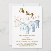 Oh Boy Baby Shower | Blue Clothesline Theme Einladung (Vorderseite)