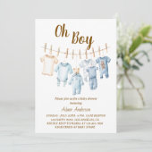 Oh Boy Baby Shower | Blue Clothesline Theme Einladung (Stehend Vorderseite)