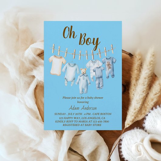 Oh Boy Baby Shower | Blue Clothesline Theme Einladung