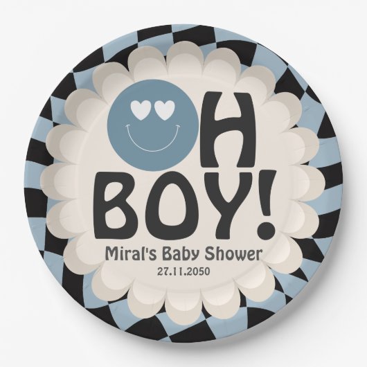 Oh Boy Baby Shower Groovy Blue Happy Face Pappteller (Vorderseite)