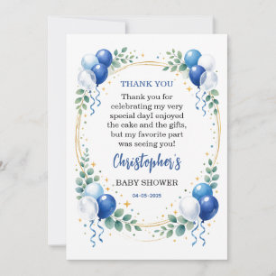 Oh Boy Baby Shower Moderne Eukalyptus Blaue Ballon Dankeskarte
