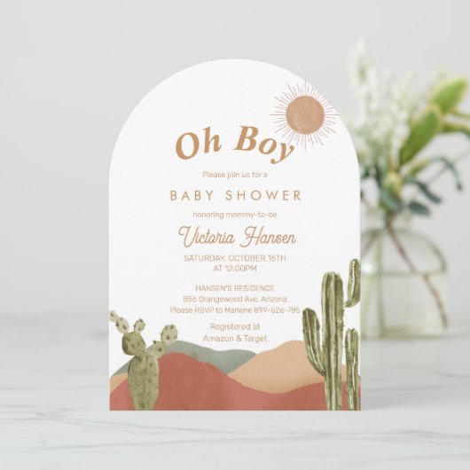 Oh Boy Baby Shower Southwestern Boho Wüste Einladung (Stehend Vorderseite)