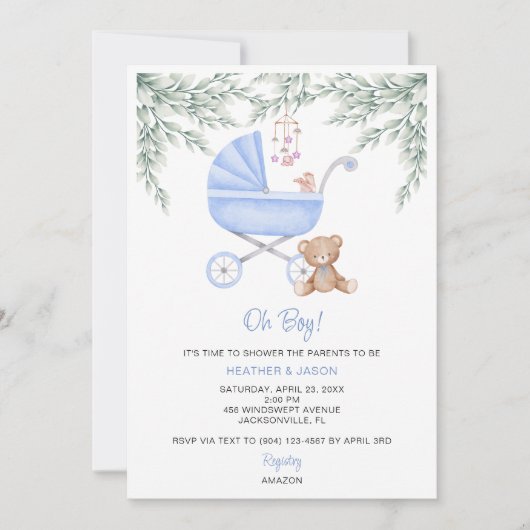 Oh Boy Baby Stroller und Mobile Dusche Einladung (Vorderseite)