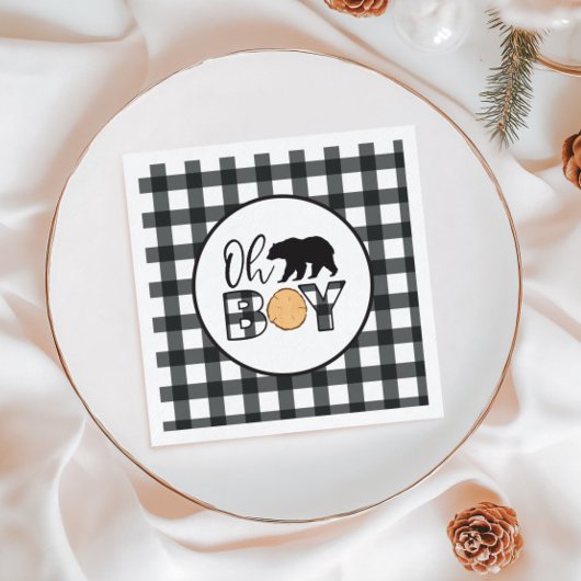 Oh Boy Bären schwarz Buffalo Kariert Baby Dusche Serviette
