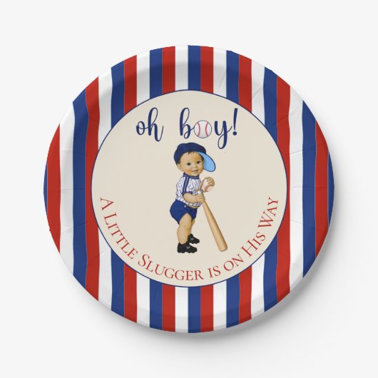 Oh Boy Baseball Red White Navy Blue Stripes Baby Pappteller (Vorderseite)