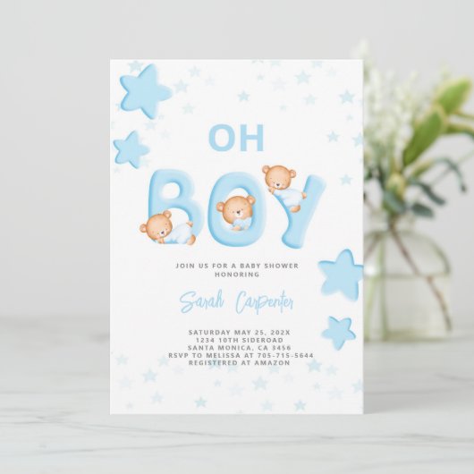 Oh Boy Bear Baby Shower Boy Einladung (Stehend Vorderseite)