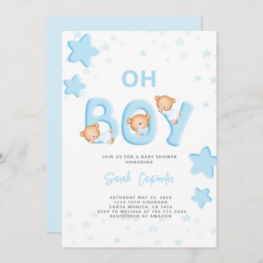 Oh Boy Bear Baby Shower Boy Einladung (Vorne/Hinten)