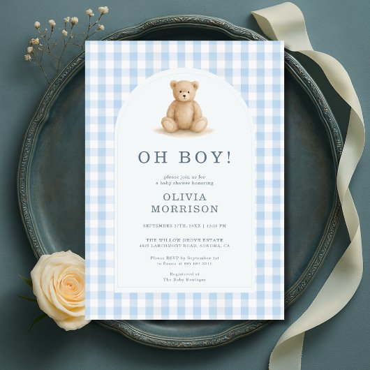 Oh Boy Bear Blau kariert Baby Shower Einladung