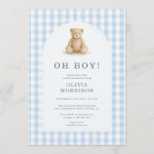 Oh Boy Bear Blau kariert Baby Shower Einladung (Vorderseite)