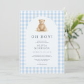 Oh Boy Bear Blau kariert Baby Shower Einladung (Stehend Vorderseite)