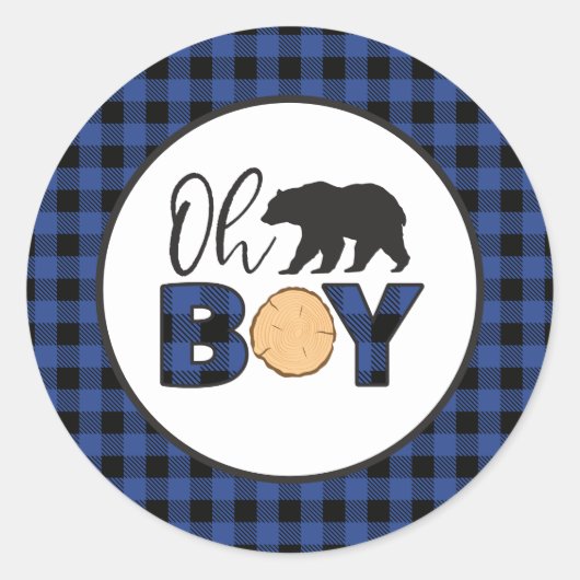 Oh Boy Bear Blue Buffalo Kariert Baby Dusche Runder Aufkleber (Vorderseite)
