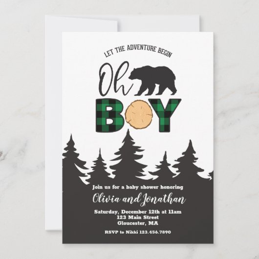 Oh Boy Bear Buffalo Kariert Baby Dusche Einladung (Vorderseite)