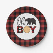 Oh Boy Bear Buffalo Plaid Baby Shower Pappteller (Vorderseite)