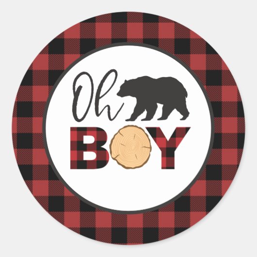 Oh Boy Bear Buffalo Plaid Baby Shower Runder Aufkleber (Vorderseite)