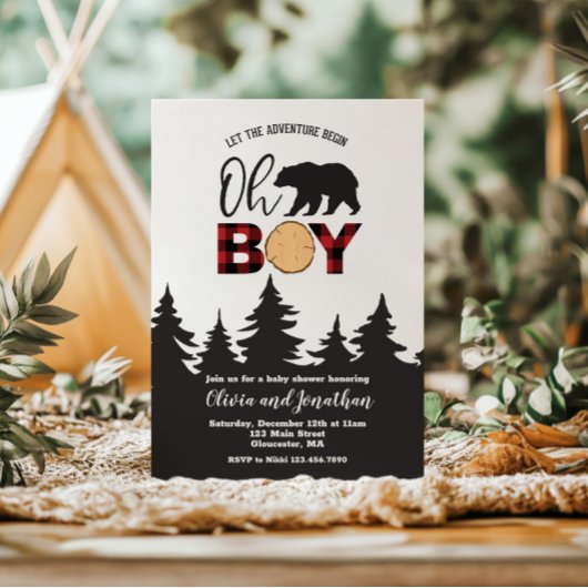 Oh Boy Bear Red Buffalo Plaid Baby Shower Einladung