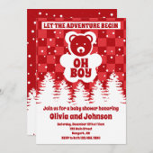 Oh Boy Bear Red Checkerboard Babydusche Einladung (Vorne/Hinten)
