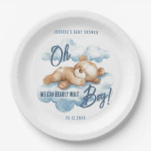 Oh Boy Bearly Wait Bear Blue Clouds Baby Dusche Pappteller (Vorderseite)