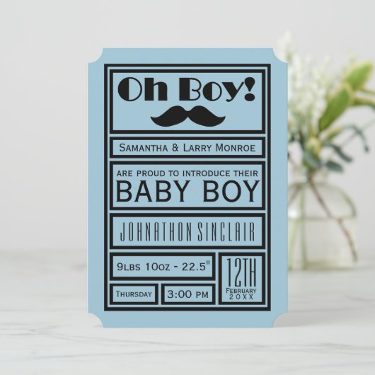 Oh Boy Black Mustache New Baby Boy Ankündigung (Stehend Vorderseite)