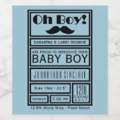 Oh Boy Black Mustache New Baby Boy Ankündigung Weinetikett (Einzelnes Label)