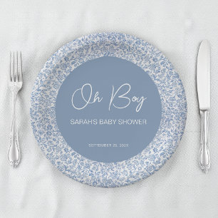 Oh Boy Blau-Weißes Blumenmuster Baby-Party Pappteller