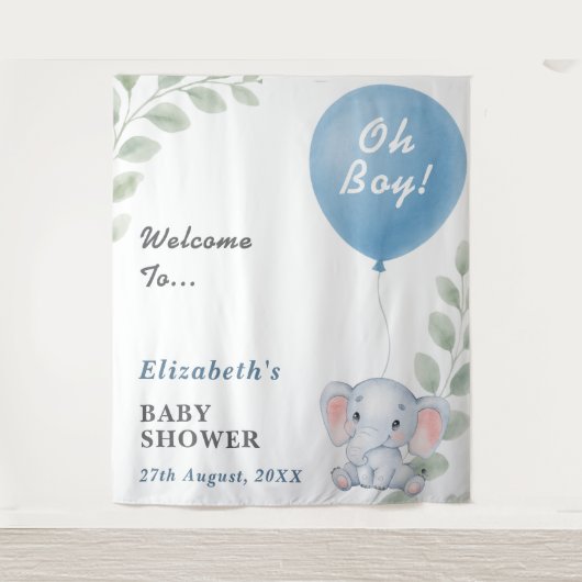 Oh Boy Blue Balloon Elephant Baby Showdown Hinterg Wandteppich (Vorderseite)