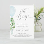 Oh Boy Blue Balloon Eucalyptus Baby Dusche Einladung (Stehend Vorderseite)